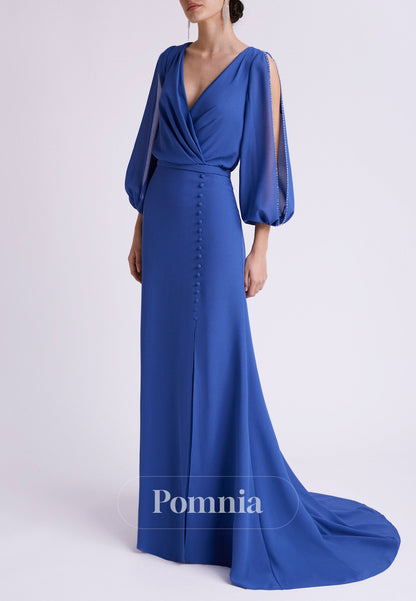 P9193 - Mermaid V-Neck Long Sleeves Chiffon Long Cocktail Dress Wedding Guest Dress