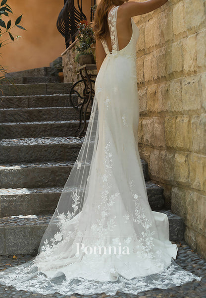 Simple Spaghetti Straps V-Neck Appliques Satin Wedding Dress