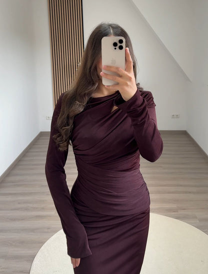 A-Line Long Sleeves Ruched Evening Dress