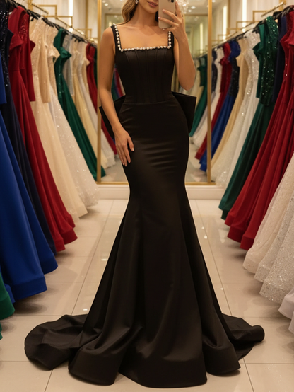 Bow Back Tank Square Beading Mermaid Satin Elegant Long Prom Dress