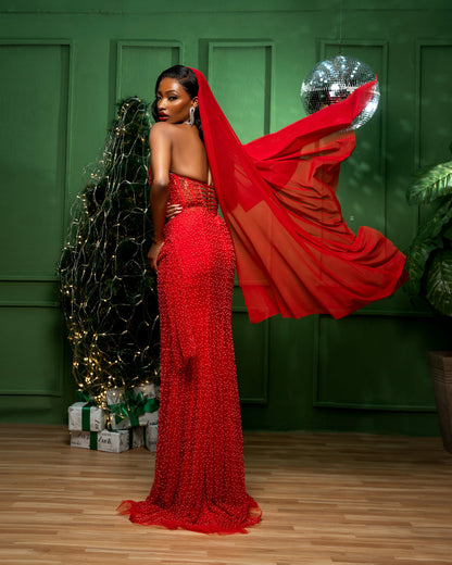 Red Sleeveless Scoop Corset Ruched Prom Dress