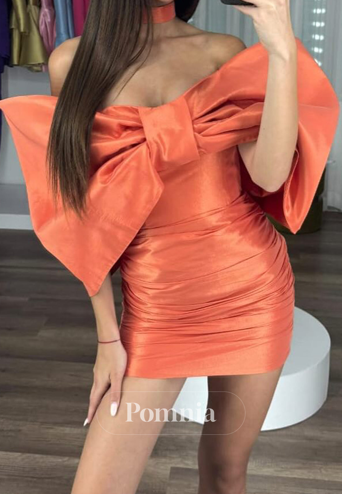 Papaya Off-Shoulder Sleeveless Ruched Mini Homecoming Dress