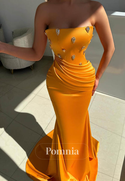 Papaya Sleeveless Strapless Beads Satin Prom Dress