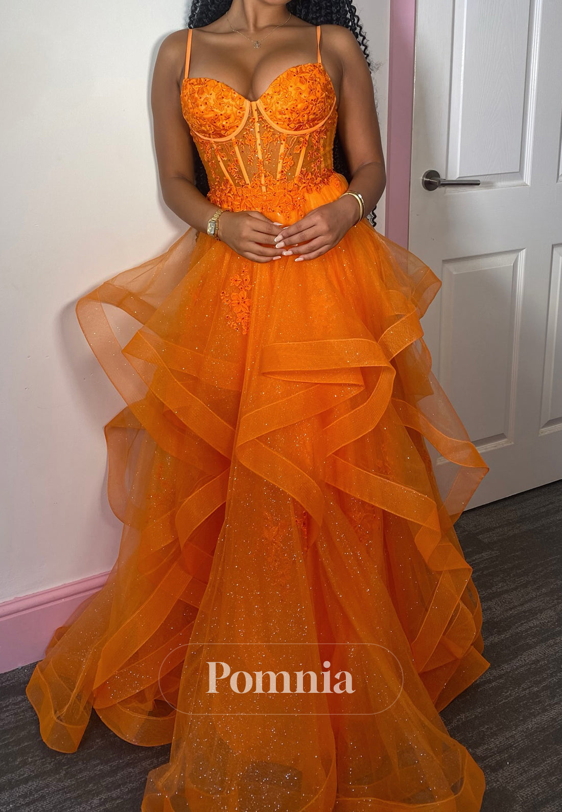 Papaya Spaghetti Straps Sweetheart Corset Tulle Prom Dress
