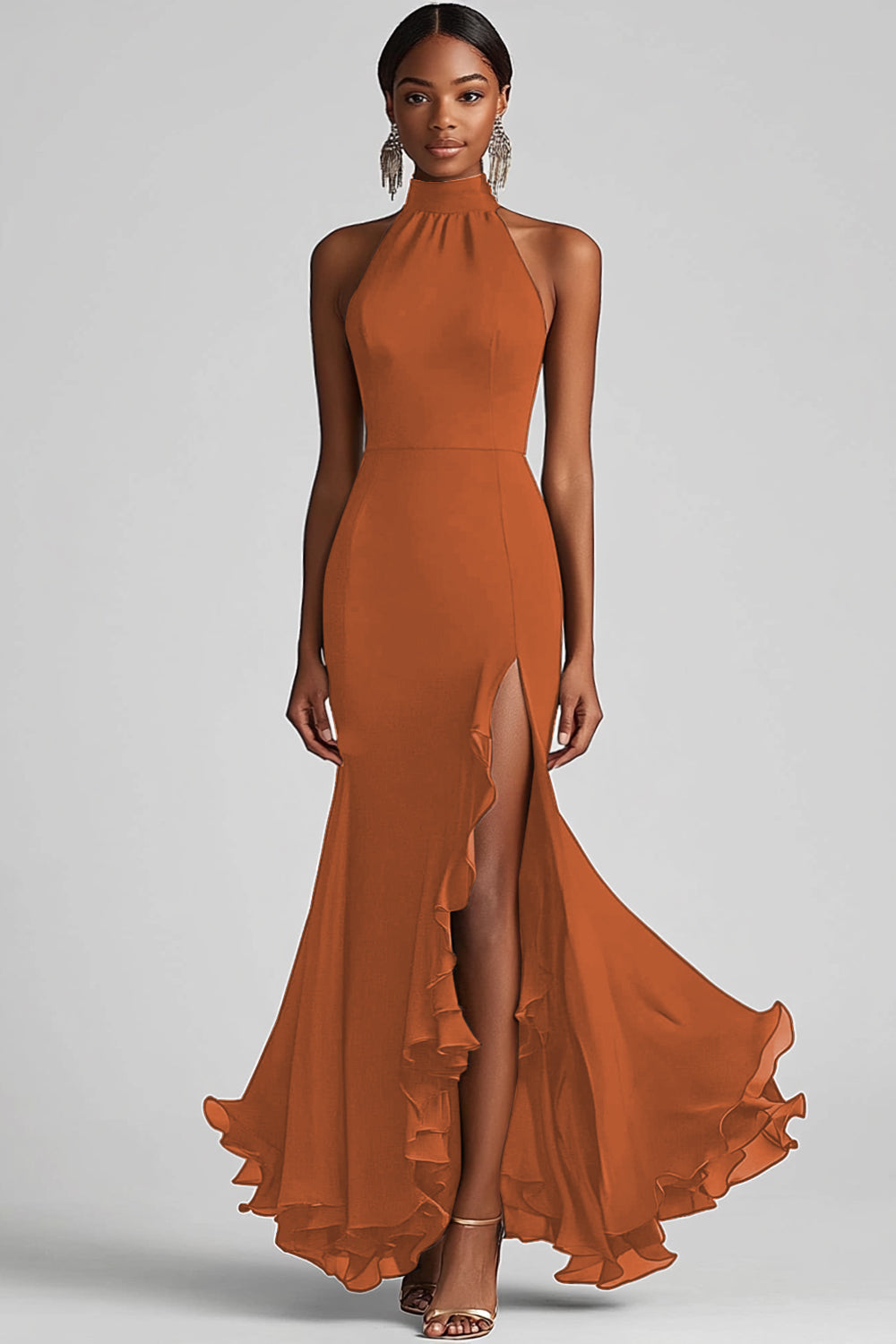 Halter Neck Black Ruffled Mermaid Long Formal Dress with Slit