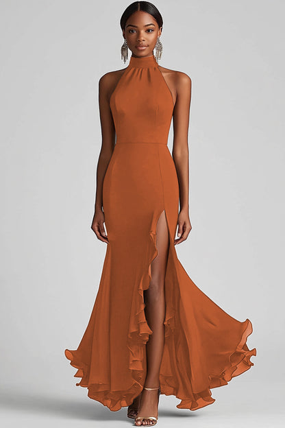 Halter Neck Black Ruffled Mermaid Long Formal Dress with Slit