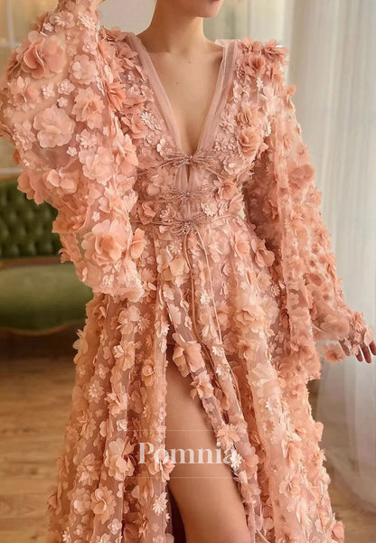 Peach Blossom Long Sleeves V-Neck Slit A-Line Prom Dress