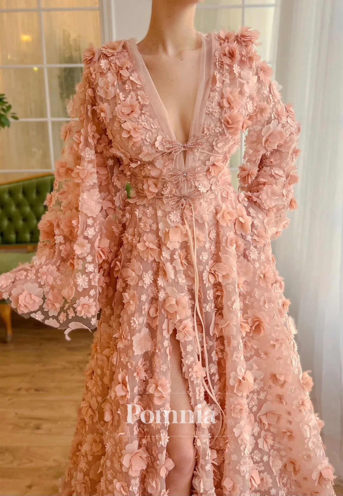 Peach Blossom Long Sleeves V-Neck Slit A-Line Prom Dress