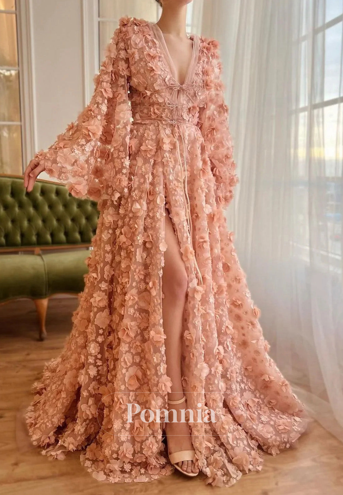 Peach Blossom Long Sleeves V-Neck Slit A-Line Prom Dress