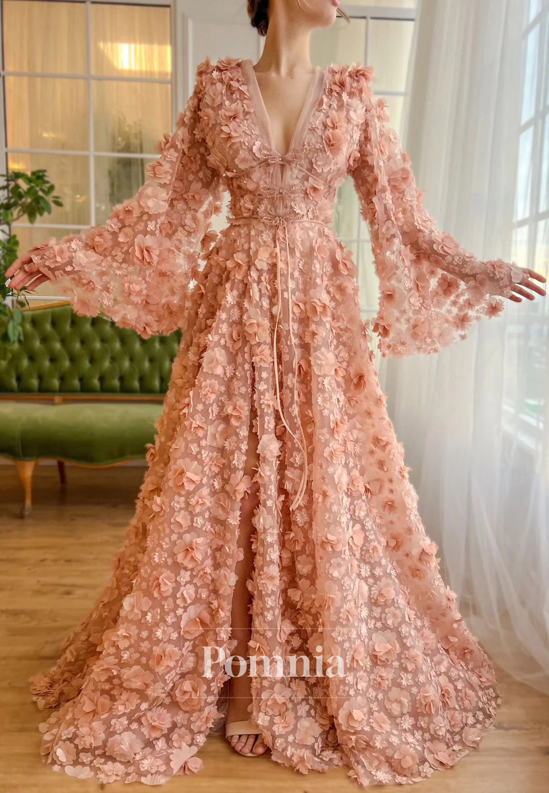 Peach Blossom Long Sleeves V-Neck Slit A-Line Prom Dress