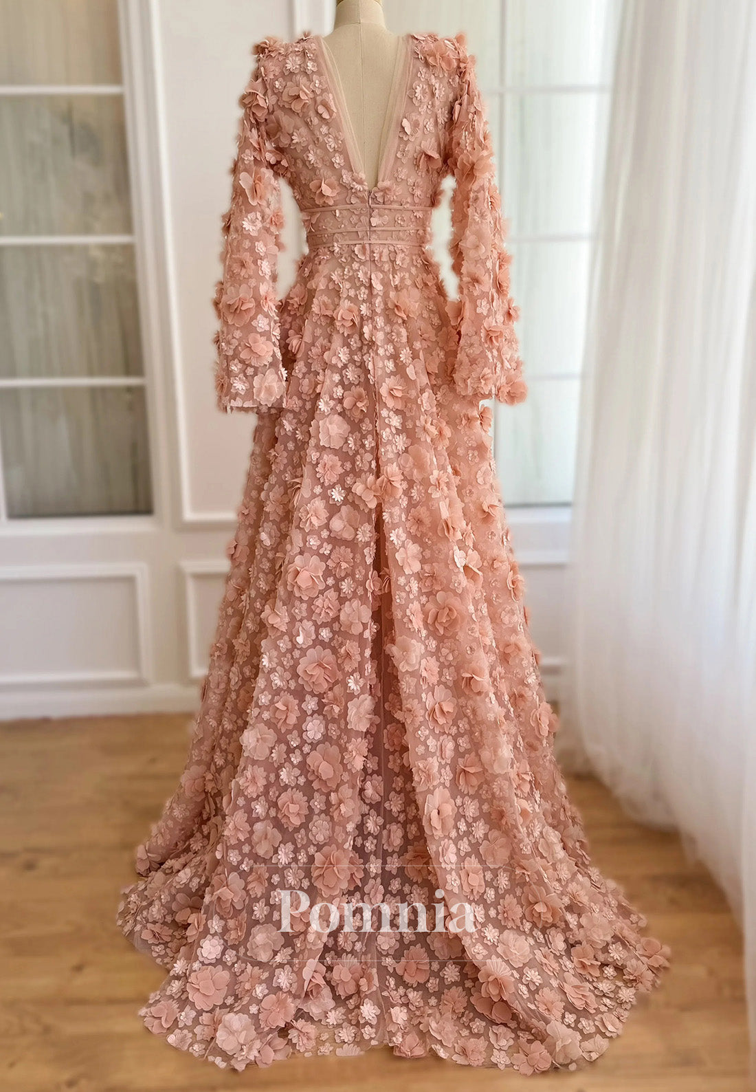 Peach Blossom Long Sleeves V-Neck Slit A-Line Prom Dress