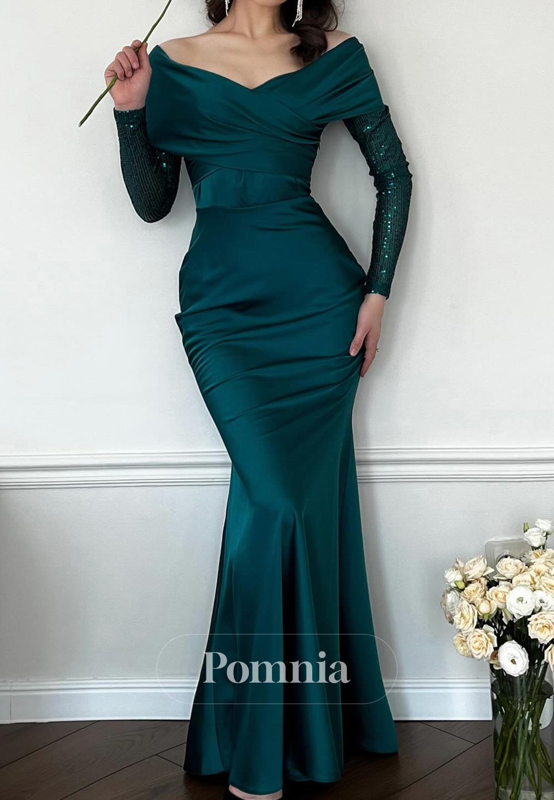 Peacock Long Sleeves Scoop Corset Mermaid Evening Dress