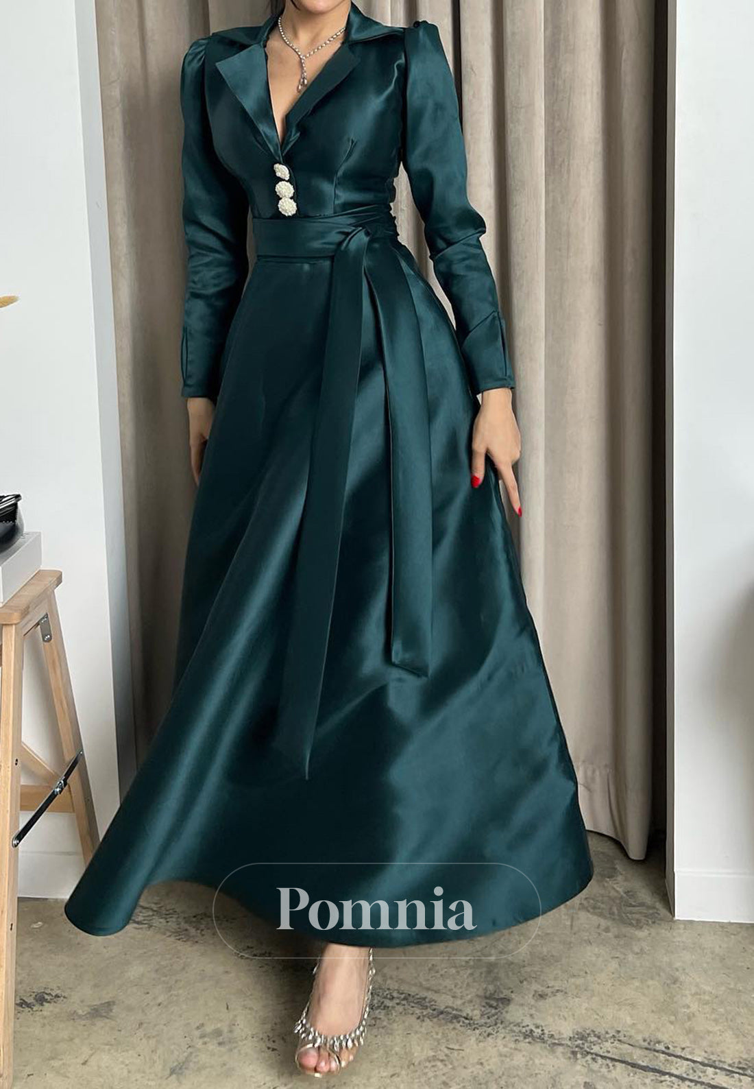 Peacock Long Sleeves V-Neck A-Line Evening Dress