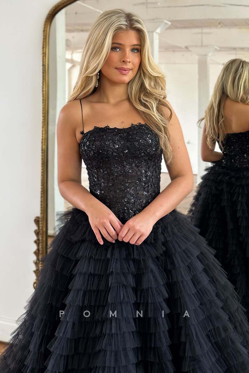 P1663 - A-Line Spaghetti Straps Appliques Ruched Cupcake Tulle Prom Gown Evening Dress with Slit