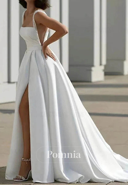 Simple Spaghetti Straps Square Empire-Waist Wedding Dress