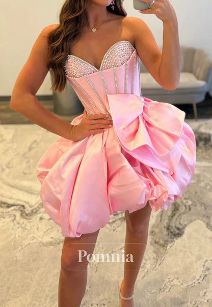 Pink Bubble Hem Homecoming Dress with Rhinestone Corset Bodice and Bow