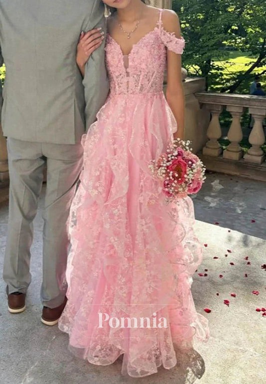 Pink Floral Appliqué Off-Shoulder Ruched Prom Dress