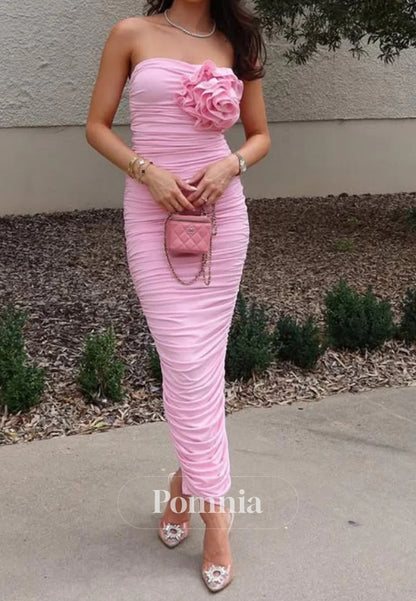 Pink Draped Strapless Maxi Dress with Rose Embellishment