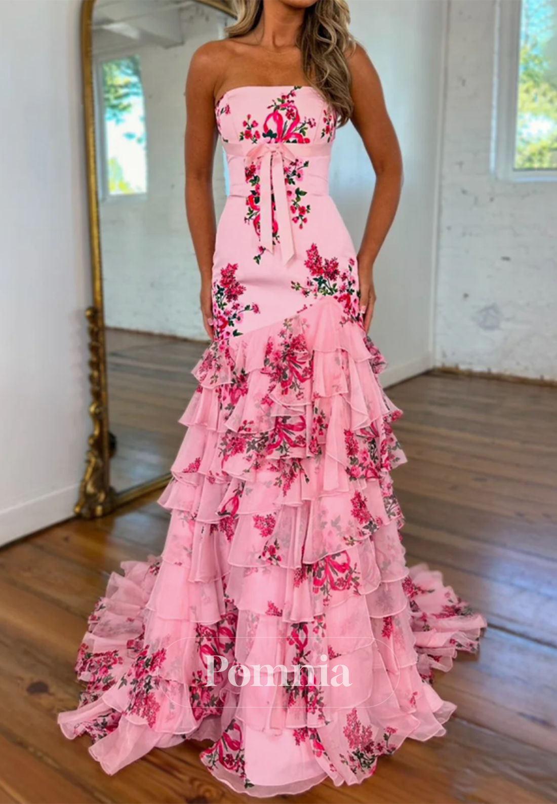 Blushing Pink Pretty Strapless Long Mermaid Prom Dress with Ruffles