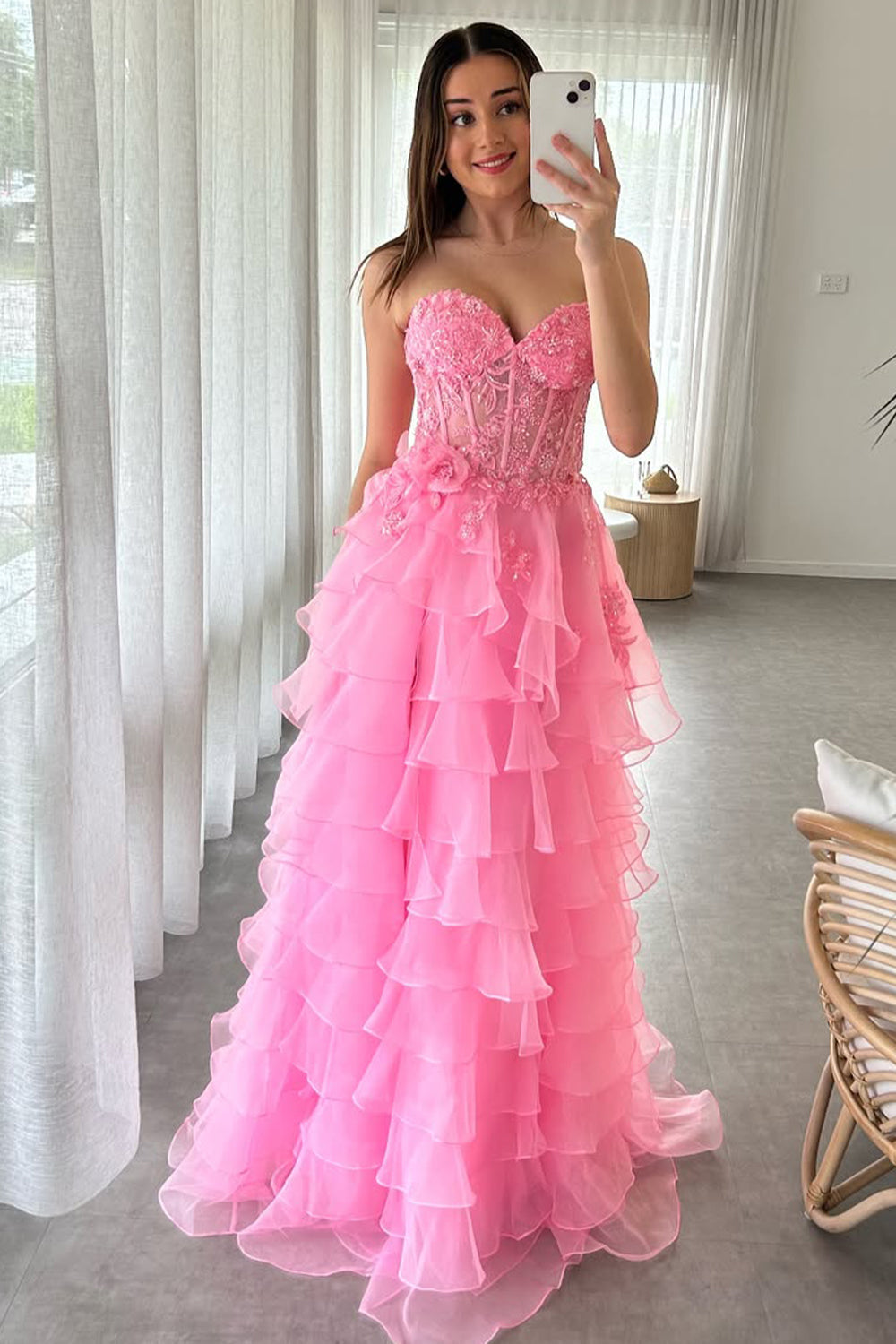 Pink Strapless Prom Gown with 3D Floral Lace Bodice and Tiered Chiffon Ruffles