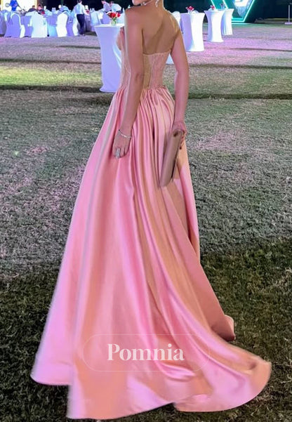 Pink Strapless Satin A-Line Empire-Waist Sleeveless Pleats Formal Prom Dress