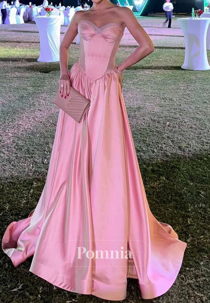 Pink Strapless Satin A-Line Empire-Waist Sleeveless Pleats Formal Prom Dress