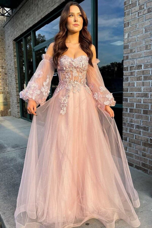 Pink Tulle A Line Strapless Long Prom Dresses With Detachable