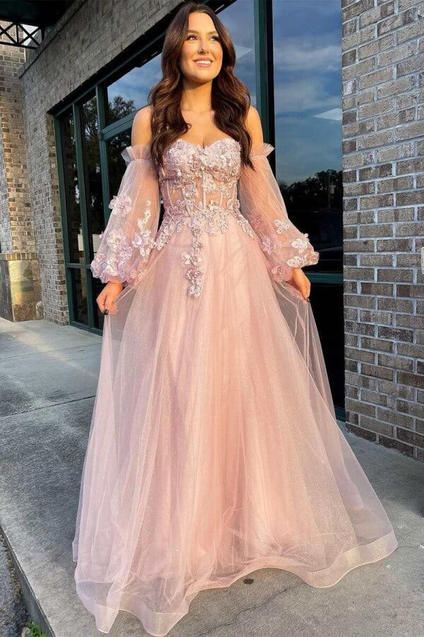 Pink Tulle A Line Strapless Long Prom Dresses With Detachable