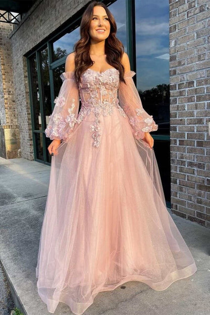 Pink Tulle A Line Strapless Long Prom Dresses With Detachable
