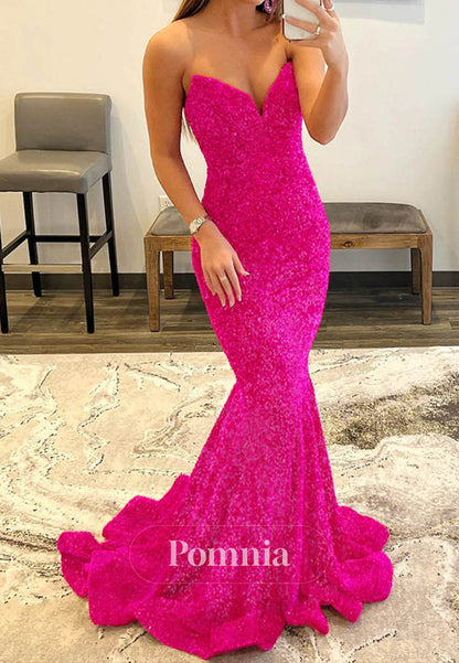 Sparkly Strapless Appliques Mermaid Long Prom Dress