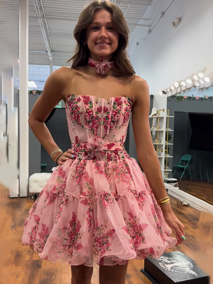 Pink Strapless A Line Corset Short Homecoming Dress with Ruffles