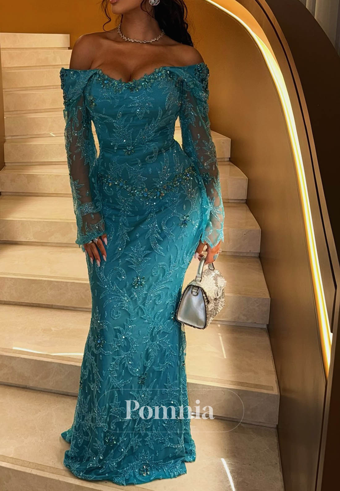 Pool Long Sleeves Off-Shoulder Appliques Evening Dress