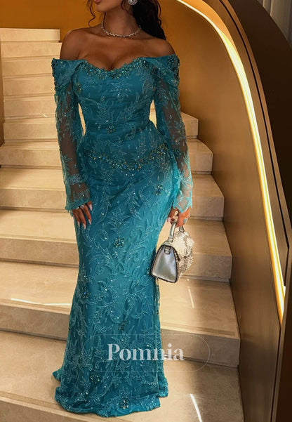 Pool Long Sleeves Off-Shoulder Appliques Evening Dress