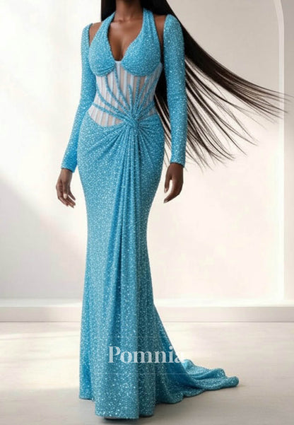 Pool Long Sleeves V-Neck Ruched Corset Prom Dress