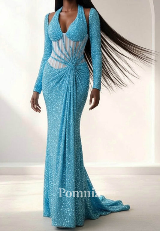 Pool Long Sleeves V-Neck Ruched Corset Prom Dress