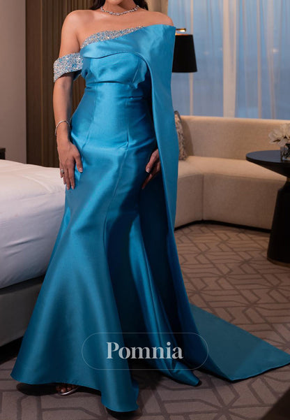 Pool One Shoulder Cap Sleeves Sequins Evening Dress