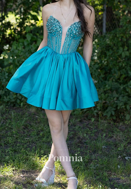 Pool Sleeveless Strapless Beads Short Homecoming Dress