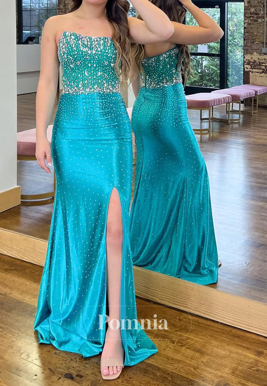 Pool Sleeveless Strapless Sequins Slit Prom Dress