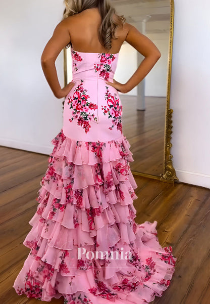 Pretty Pink Strapless Mermaid Prom Dress with Ruffles