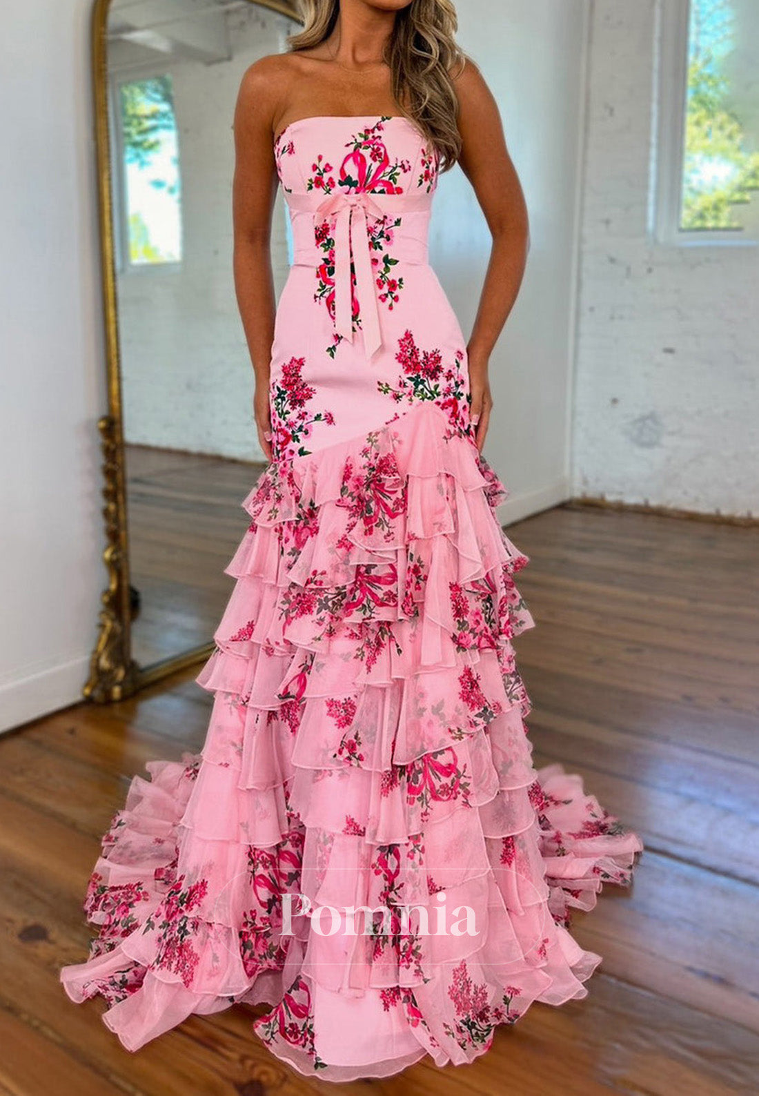 Pretty Pink Strapless Mermaid Prom Dress with Ruffles