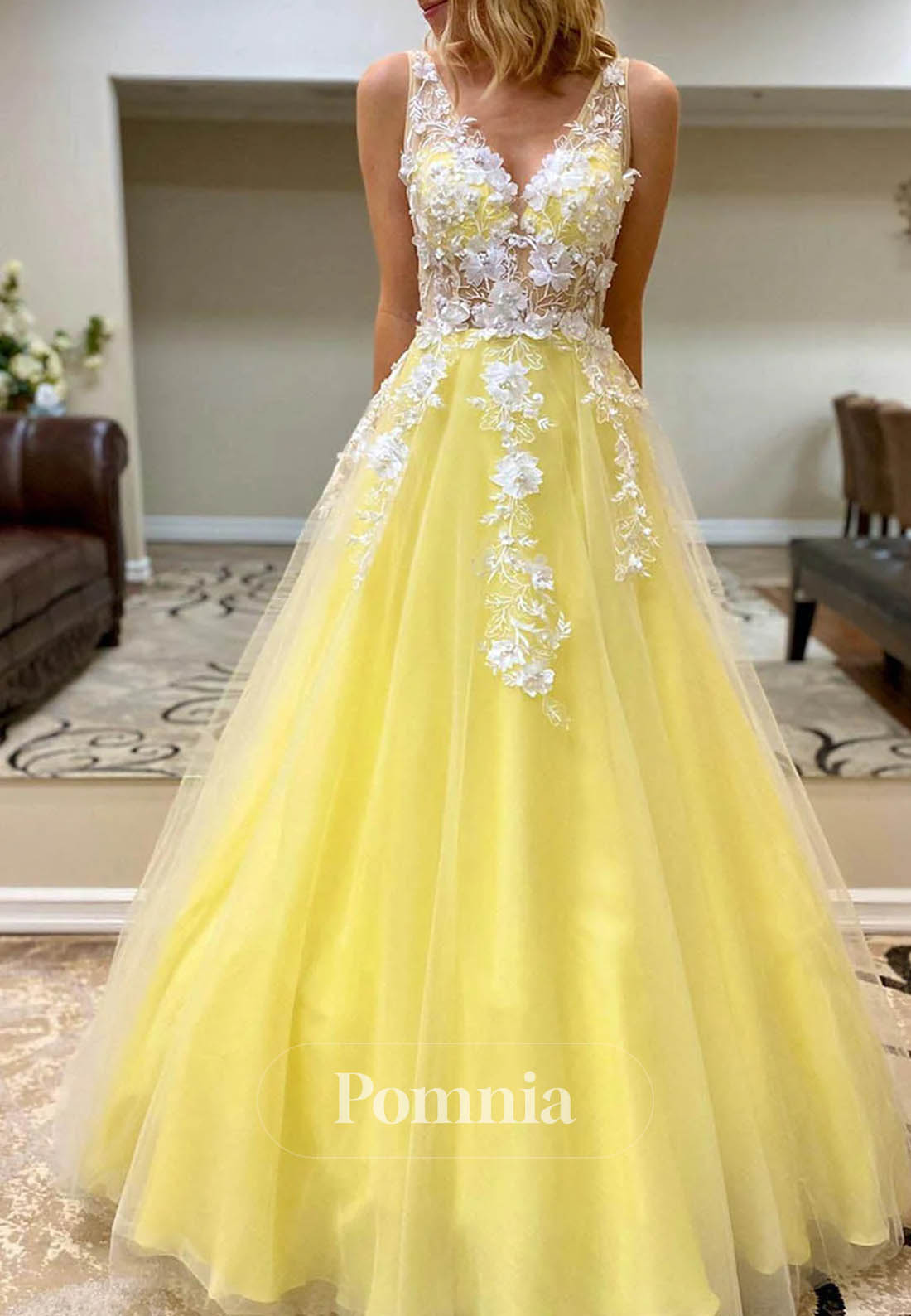 Princess 3D Floral Appliques Tulle A-Line Long Prom Dress