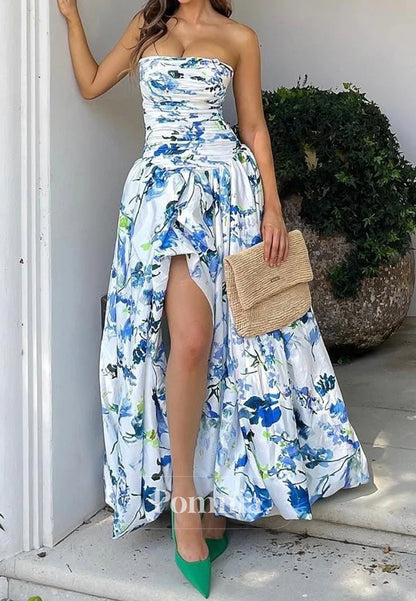 Princess A Line Strapless Blue Printed High-Low Party Dress with Ruffles