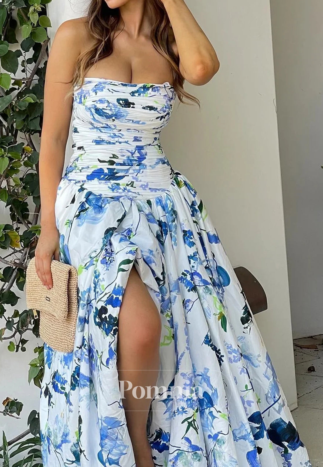 Princess A Line Strapless Blue Printed High-Low Party Dress with Ruffles