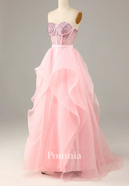 Princess A Line Sweetheart Black Corset Prom Dress with Beading