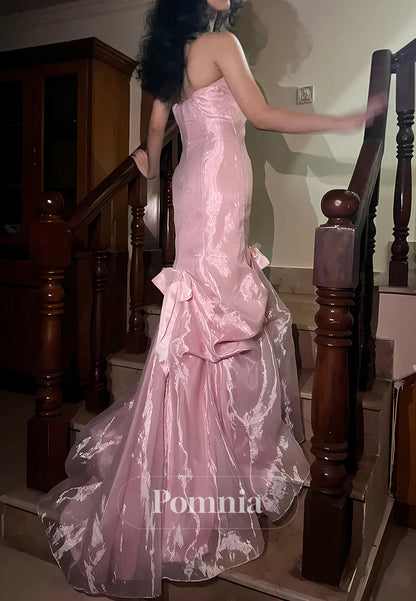 Princess Mermaid Strapless Pink Long Prom Dress with Ruffles