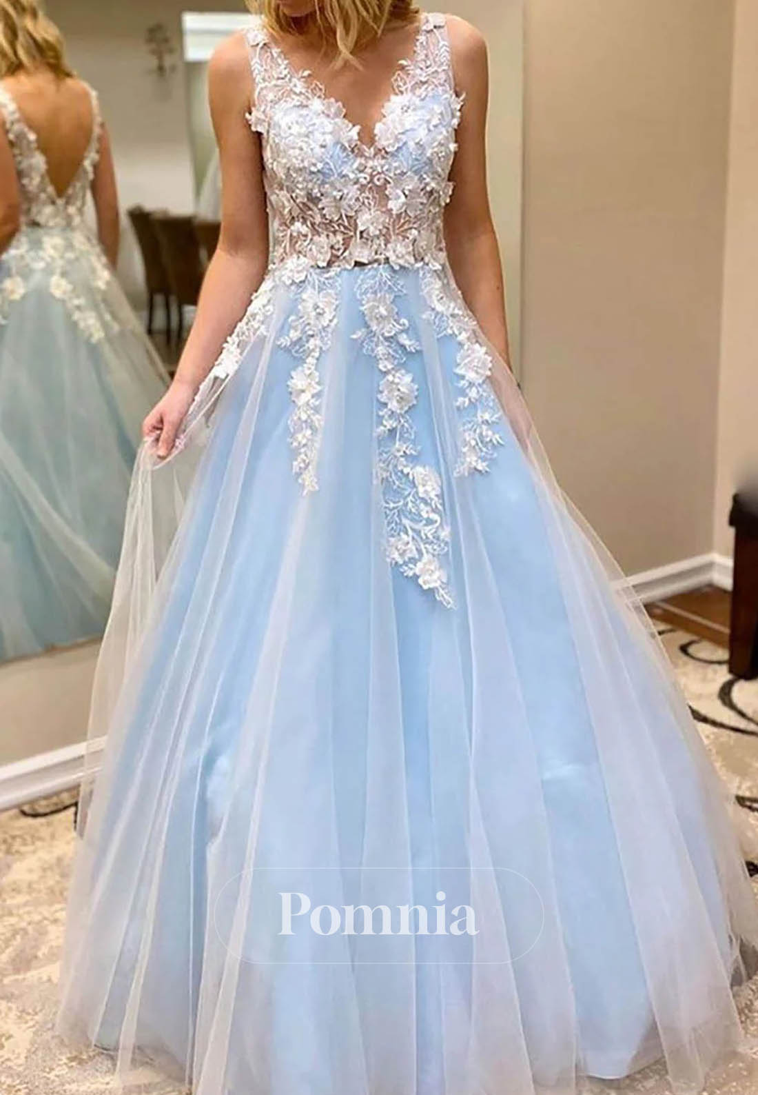Princess 3D Floral Appliques Tulle A-Line Long Prom Dress