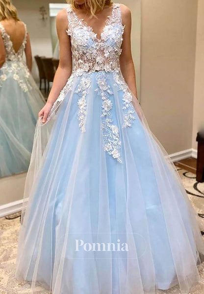 Princess 3D Floral Appliques Tulle A-Line Long Prom Dress