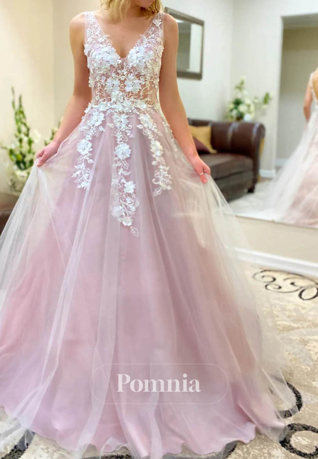 Princess 3D Floral Appliques Tulle A-Line Long Prom Dress