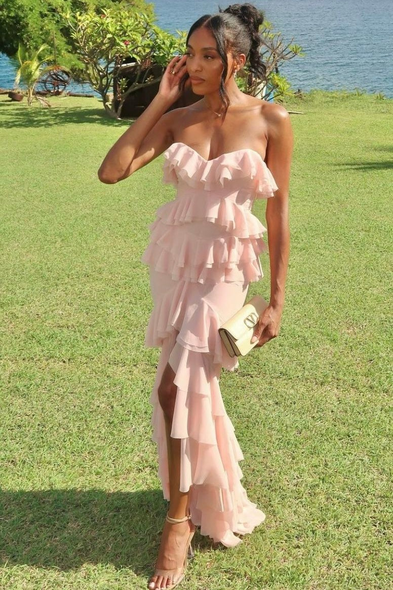 Princess Sheath Sweetheart Pink Long Prom Dress with Ruffles