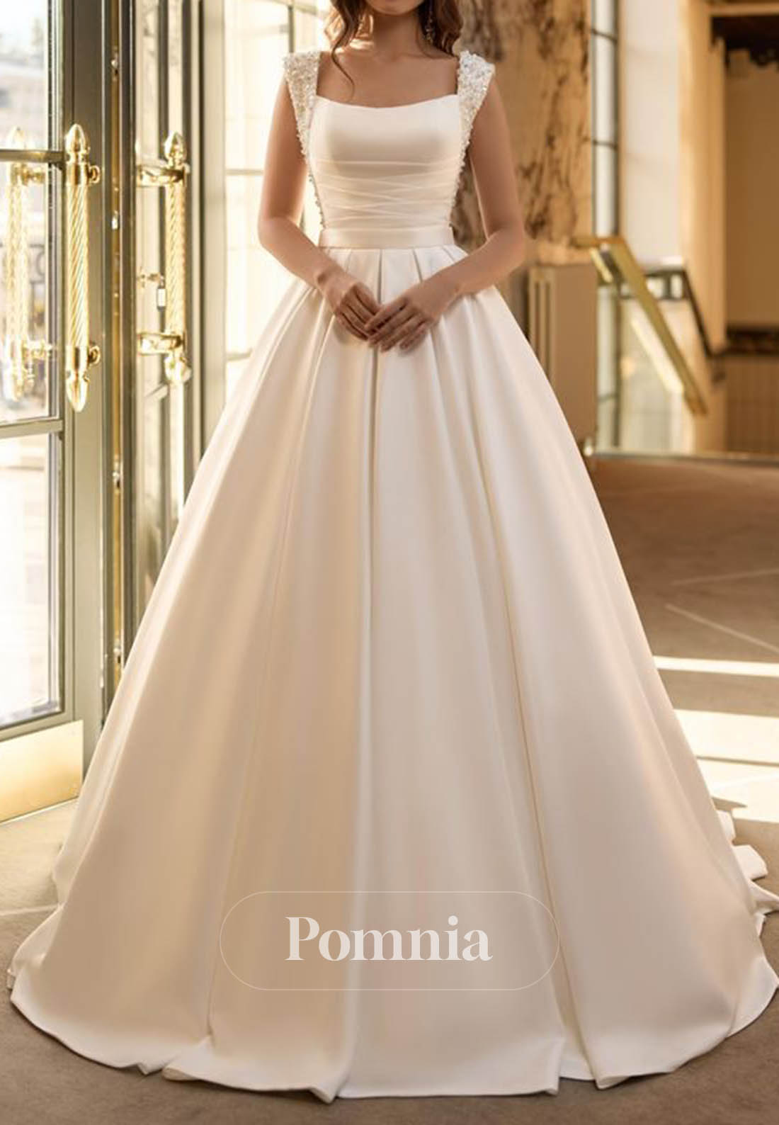 Princess Satin Spaghetti Straps Square Empire-Waist Wedding Dress